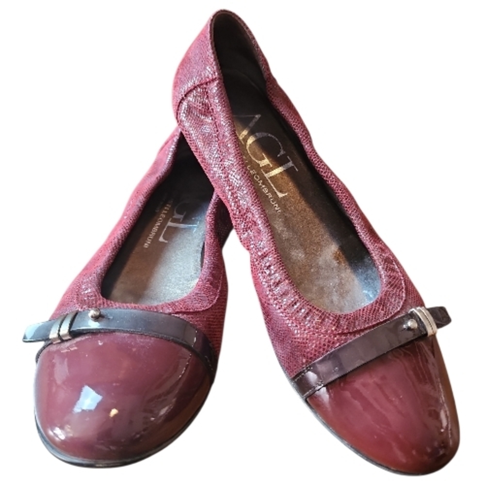 AGL | Maroon Burgundy Patent Leather Cap Toe Ballet Flats Silver Accents | 7 7.5